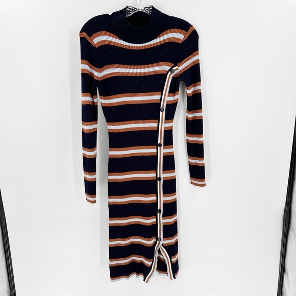 Crystal Doll Blue Orange Striped Turtleneck Ribbed Midi Sweater Dress Size Large - Picture 1 of 11